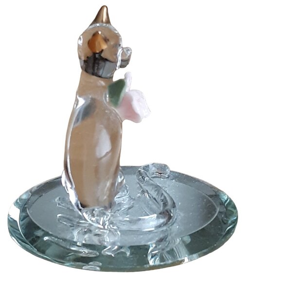 Baron Glass Crystal Kitty Cat Sculpture 22k Gold Trim Pink Rose Clear Miniature - Picture 6 of 7